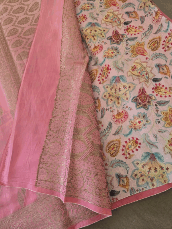 Pink Banarasi Weave Saree with Floral Blouse - Image 2